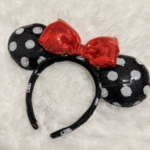 Disney Parks Minnie Mouse Ears Black Red & White Polka Dot & Sequin Bow Headband